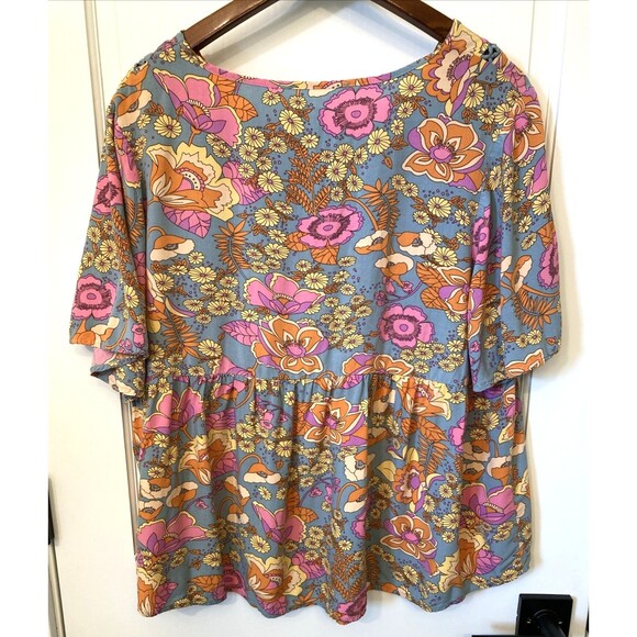 Babydoll Hippie Boho Top XL Blue Orange Retro Floral Short Sleeve Funky Grunge - Picture 7 of 13